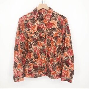 Vintage Fall Leaves Floral Velvet Multicolor Button Down Shacket Top M/L
